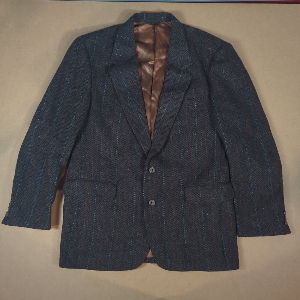 Towncraft 100% Wool Herringbone Sport Coat Blazer Charcoal Brown Mens